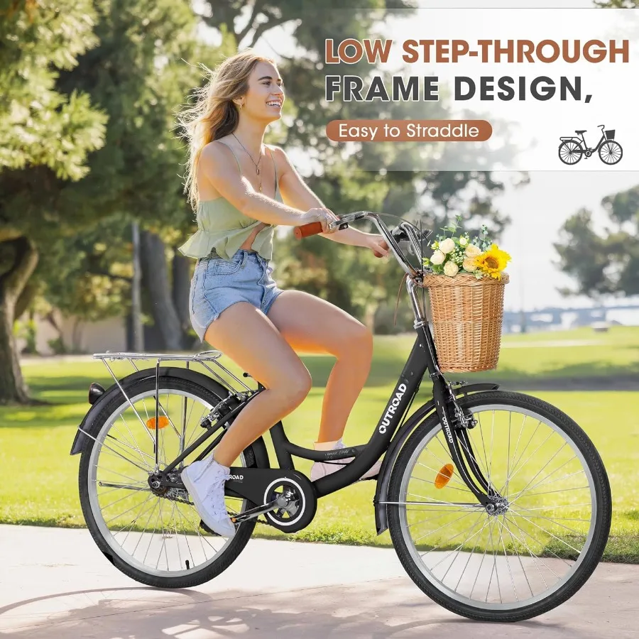 24 26 دراجة كروزر الشاطئ للنساء والرجال دراجة المدينة المريحة مع سلة أمامية للتخزين الخلفي ارتفاع المقعد القابل للتعديل قوي HighCa