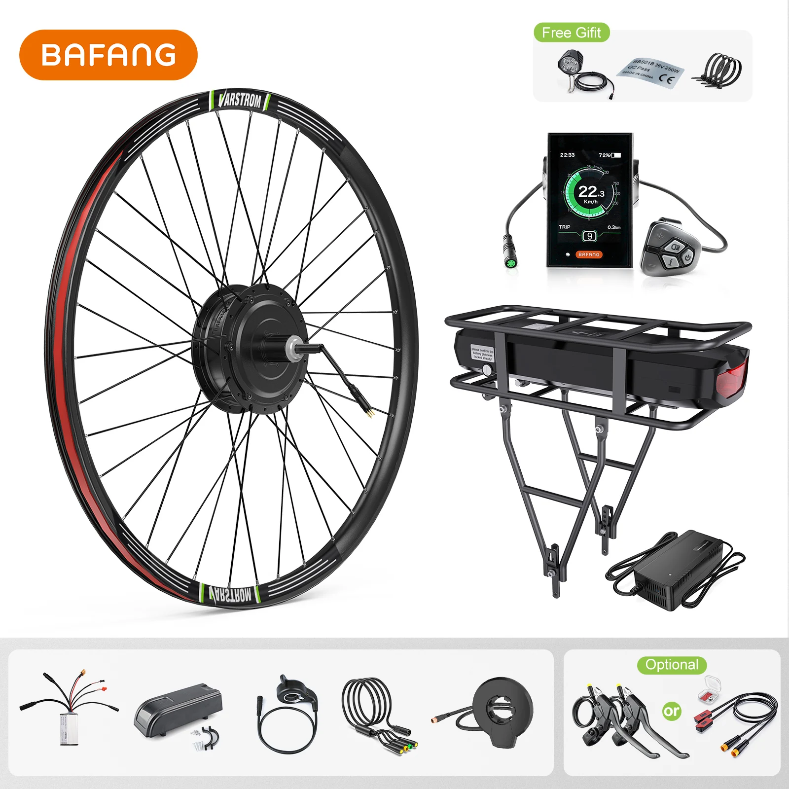 Bafang 500W Electric Bicycle Hub Motor Kit 48V Front Rear Wheel Drive eBike Conversion Kit 17.5Ah Rack Type Lithium Battery Pack