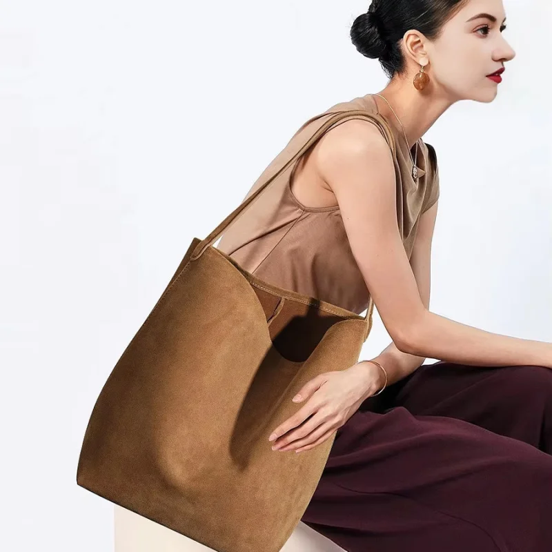 

A-99 2025 Women's High-End Shoulder Bags Genuine Leather Large Capacity Frosted Cowhide Bucket Style Genuine Leather Woman Bag