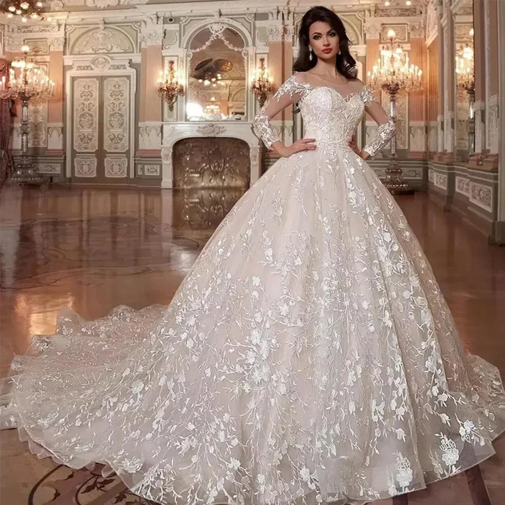 Wedding Dresses Elegant Long Sleeves Sweetheart Bridal Gowns Fashion Lace Appliques Tulle Court Train Vestidos De Fiesta