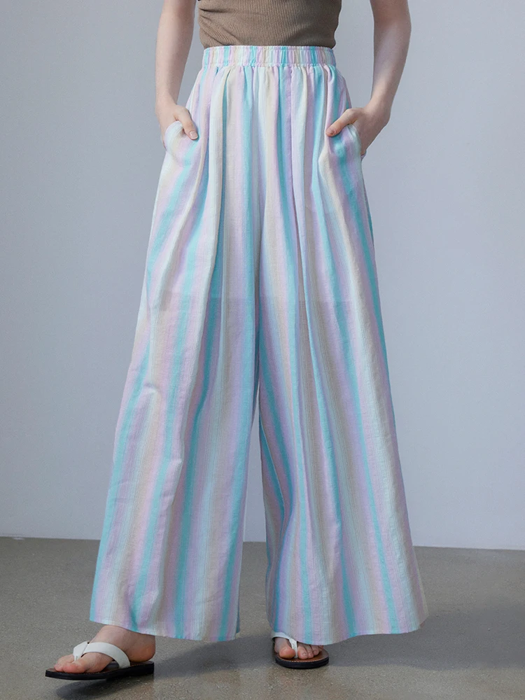 

EGGKA женские повседневные брюки в полоску, плиссированные, свободный крой, летние новые длинные брюки с эластичной резинкой на талии, модный дизайн