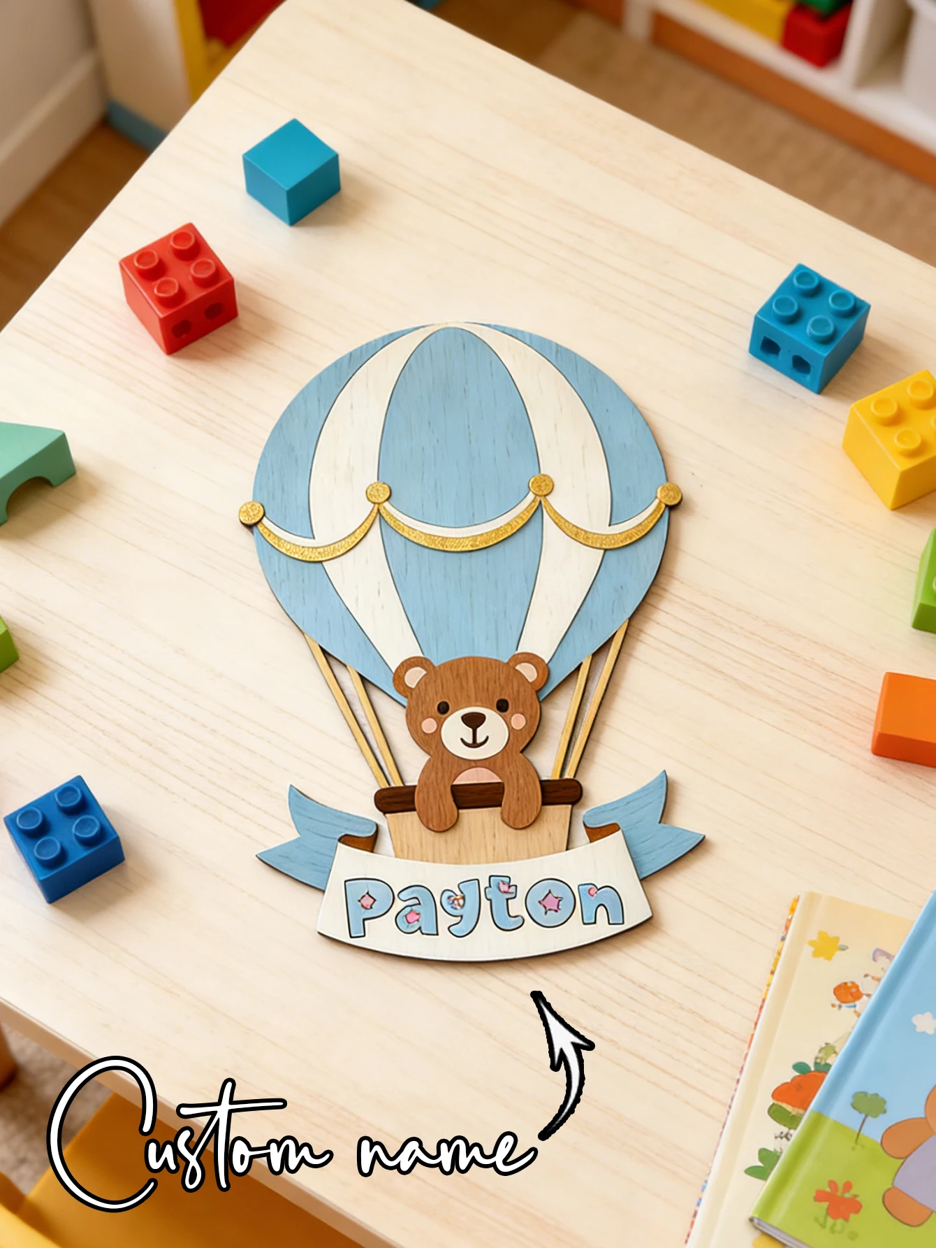 Custom Bear Hot Air Balloon Wooden Name Sign Banner Plaque Neutral Boy Nursery Wall Table Decor Newborn Bedroom Keepsake Gift image 4