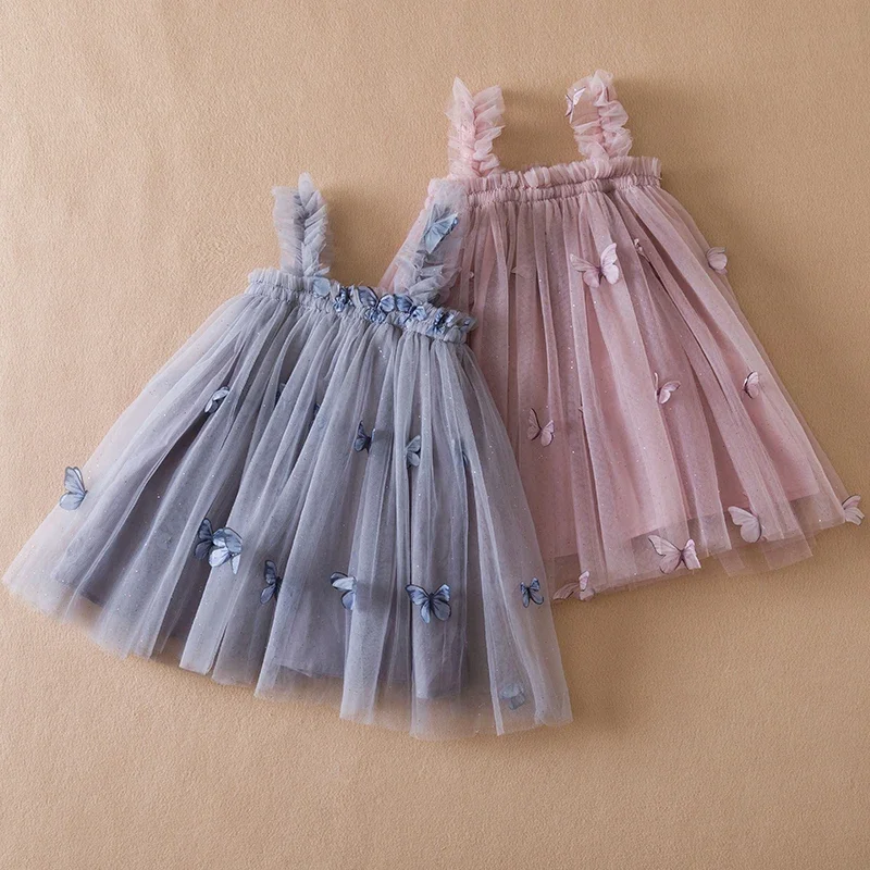 Summer New Baby Girls Dress 1-5 Yrs Girls Princess Birthday Party Dresses 3D Butterfly Mesh Strap Dress Children Casual Clothes