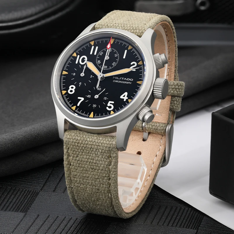 Militado Retro VK67 Quartz Chronograph Watch 39mm 316L Stainless Steel Case 3 Dial Waterproof 100M  Multifunction Military Watch