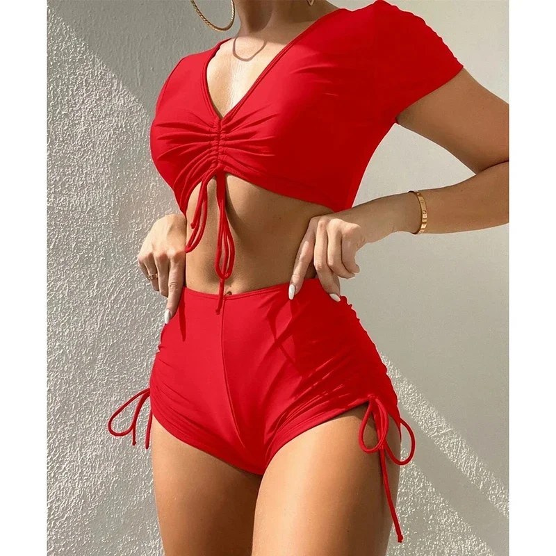 Swimwear Women Bikinis Two Pieces Set Casual Solid Short Sleeve Drawstring High Waist Bikini Sexy Swimsuit Vacation Beachwear