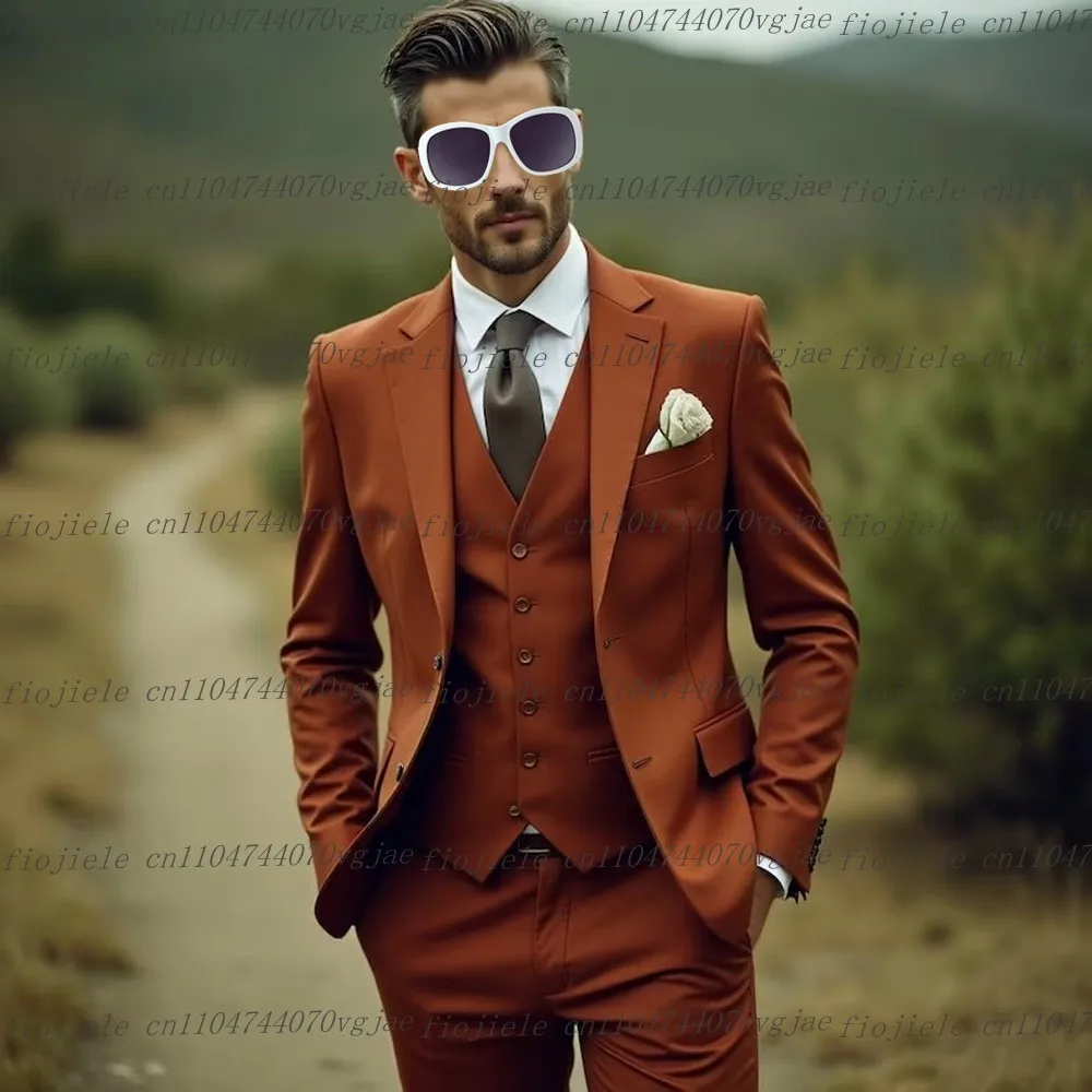 

Dark Orang Men Suit Formal Occasion Wedding Party Groom Groomsman Business Male Tuxedos Customized 3 Piece Set Jacket Vest Pants