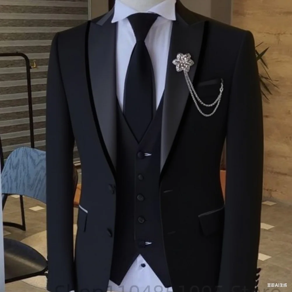 

Solid Suits for Men Party Slim Wedding Tuxedos Fashion Mens Blazer Vest Pants 3 Pieces Foraml Business Suits Sets