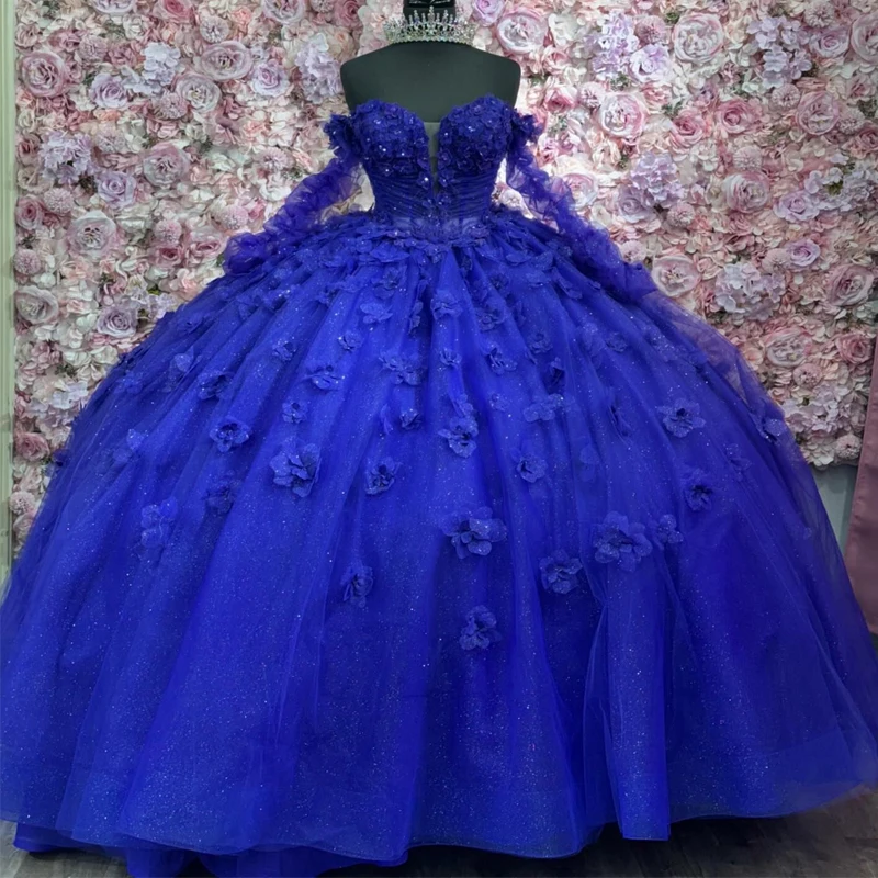 

Royal Blue Shiny Quinceanera Dresses Ball Gown Flower Beads Crystal Tull Court Train Off the Shoulder Vestidos De 15 Anos Sweet