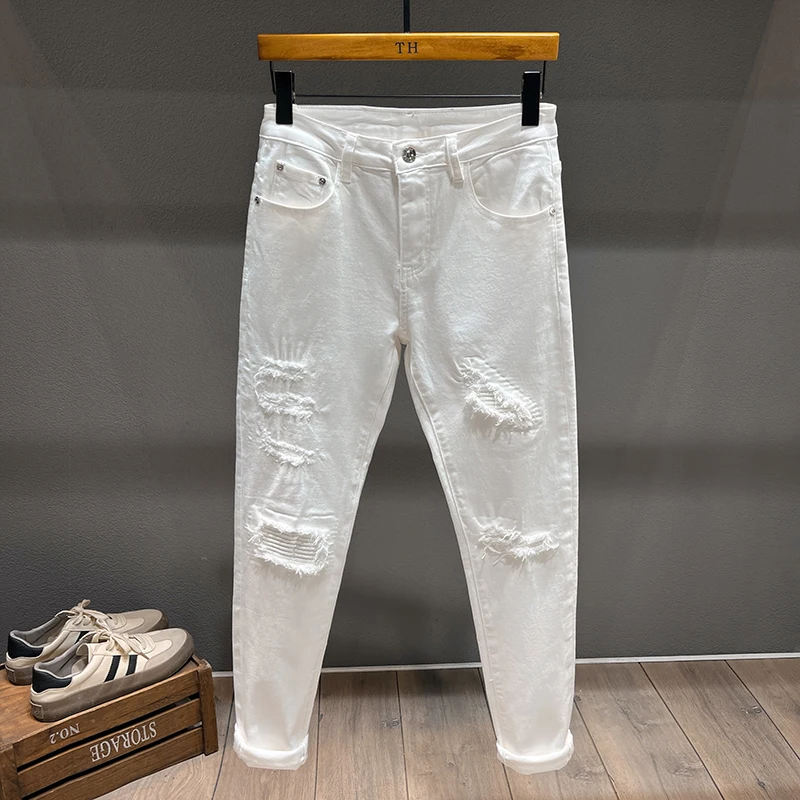 

Street Fashion Designer Men Jeans White Stretch Slim Fit Patched Ripped Jeans Men Y2K Hip Hop Vintage Casual Denim Pants Hombre
