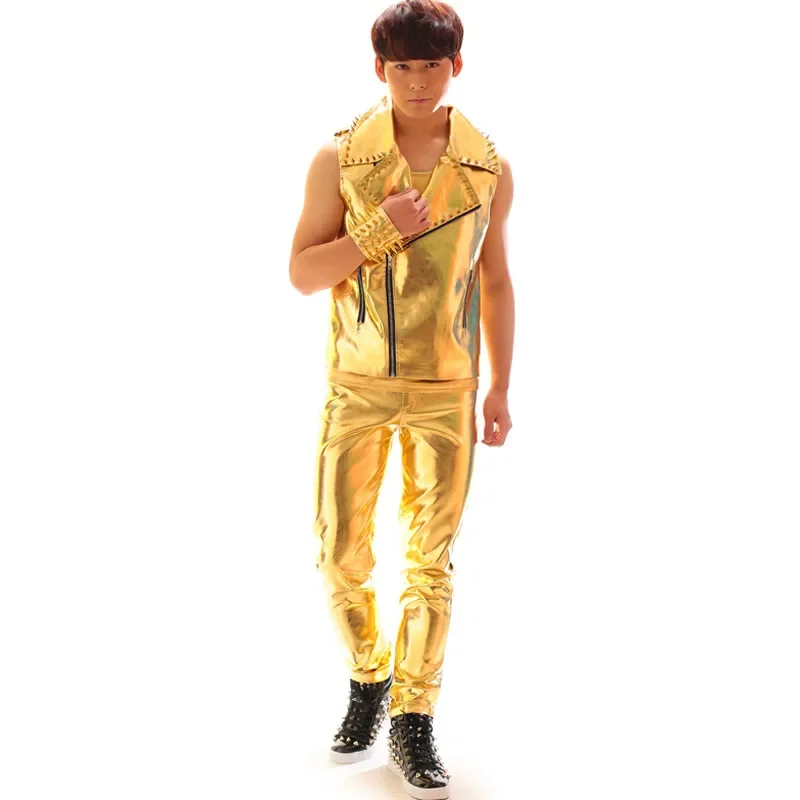 New Gold Stage Costume GD Vocal Concert Dance Wear Coat+Pant DS Bar Punk Style Clothing DJ Costume GoGo Dancers  Costume BL2103