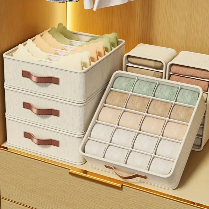 1/2 ชิ้น Beige ลิ้นชักพับได้ STACKABLE ถังเก็บผ้าถุงเท้าชุดชั้นใน Bras อุปกรณ์เสริมตู้เสื้อผ้าจัดเก็บ