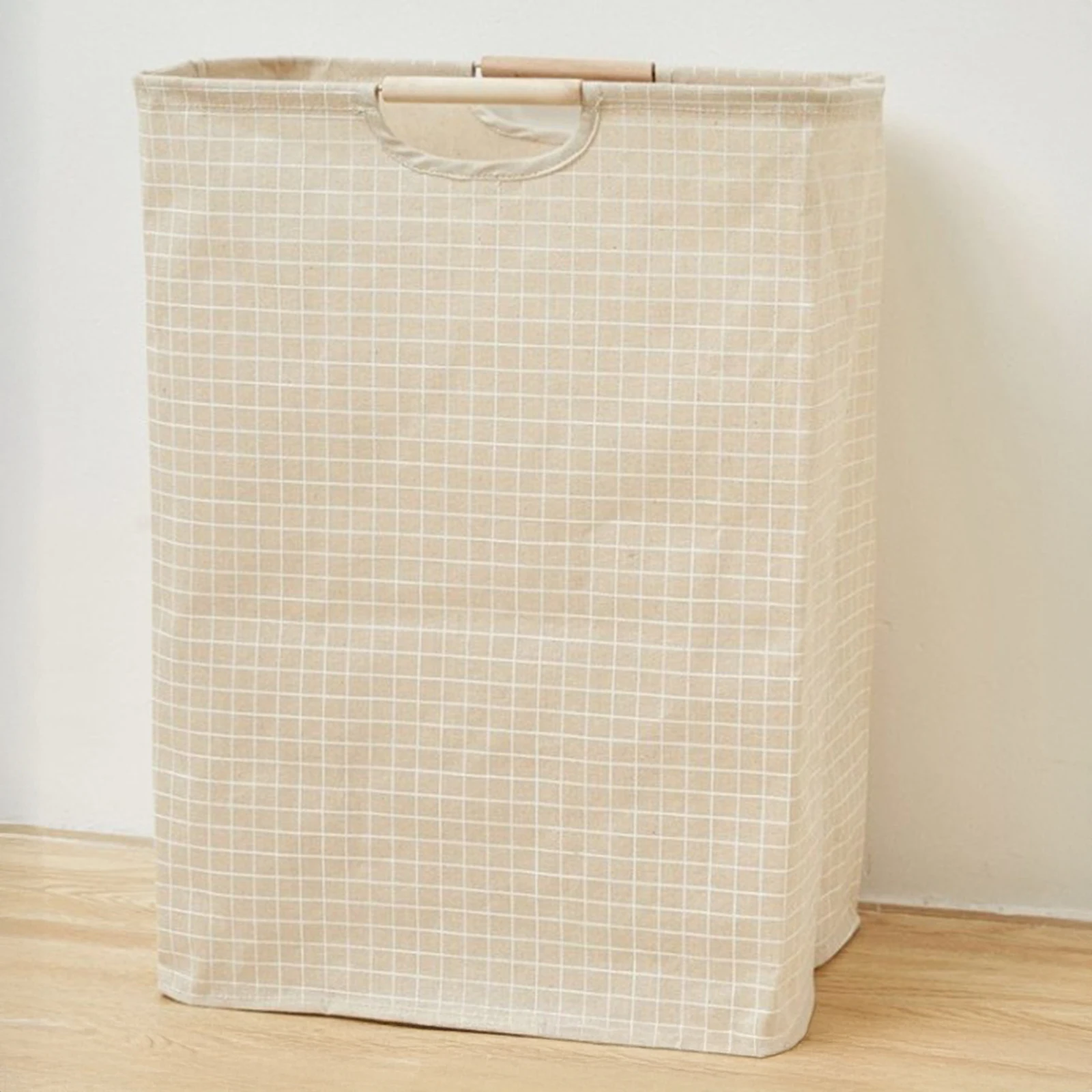 折りたたみ式コットンリネンランドリーバスケット、木製ハンドル付き、防水収納ハンパー、家庭用寝室、浴室用