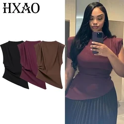 HXAO New Womens Tops Sleeveless Red Black Blouse Woman Summer Ruched Asymmetrical Top Women Slim Fit Brown Stylish Women's Top