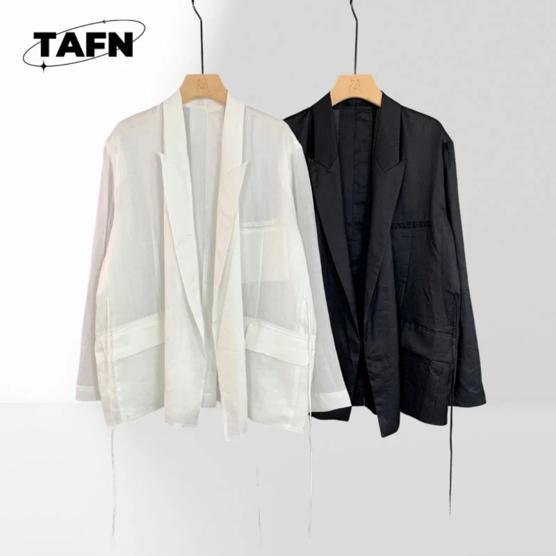 Ramie Women Sheer Ramie Blazer Lapel Long Sleeve Open Front Side Drawstring Loose Thin Suit Jacket Elegant Office BG1757