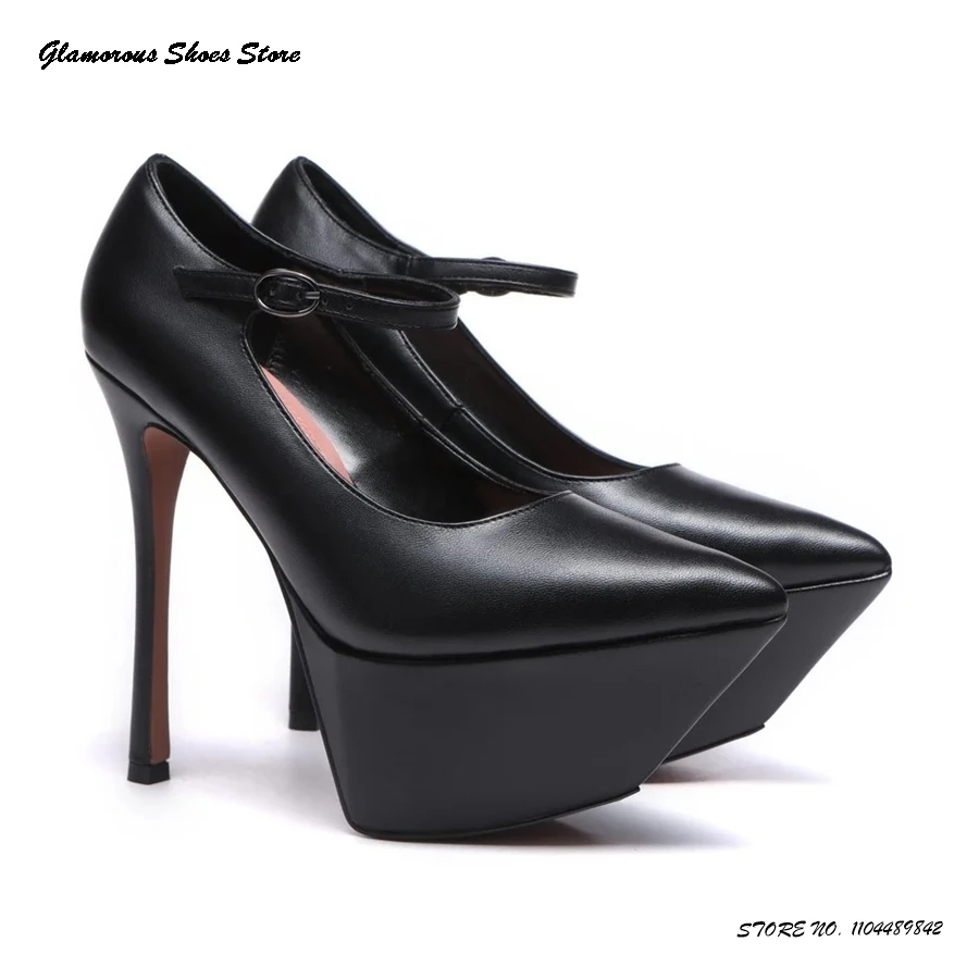 

Elegant Black Leather Platform Pumps Women's Pointed Toe Thin Heels Party Shoes 2025 Spring Summer Buckle Strap Runway Stilettos