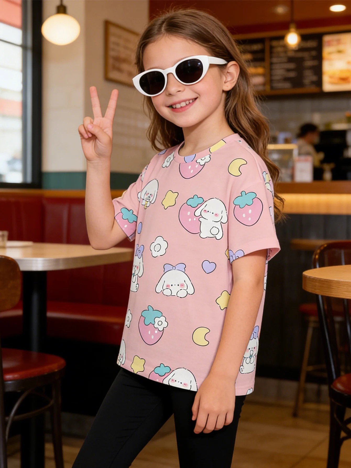 2026 girls pink soft cute rabbit strawberry love full print short-sleeved T-shirt, casual top
