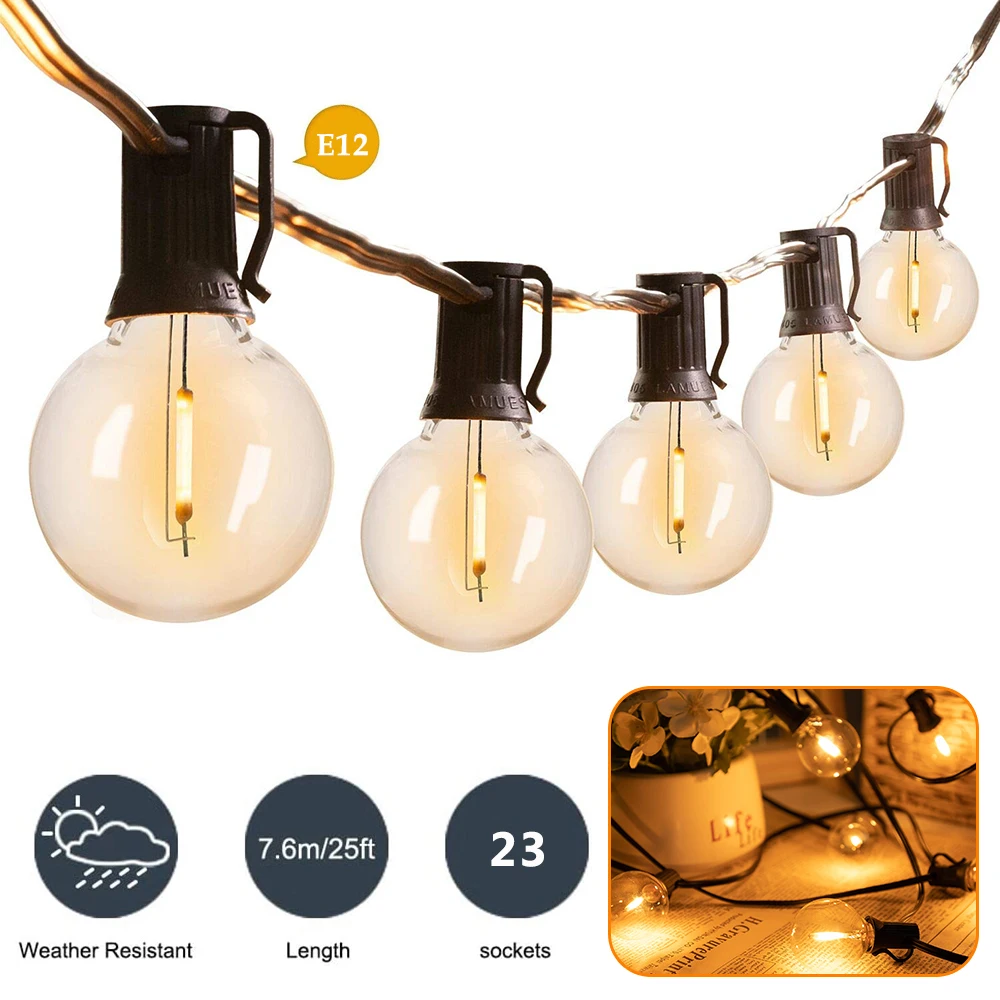 25FT Connectable LED G40 Glass Globe Chain Lights EU US Plug Waterproof Outdoor Garland String Light Fairy Decorative Patio Lamp