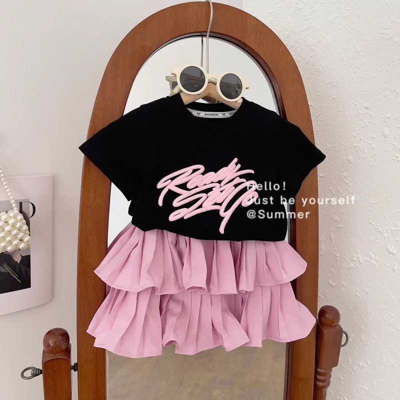 

Girls' Summer Outfit New Short Sleeve PrintTT-shirt+Cake Skirt Princess Two-Piece Set Wholesale