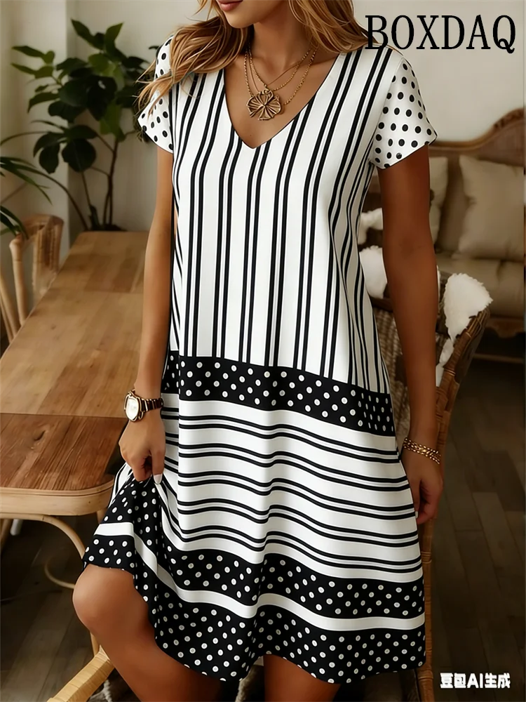 

Elegant Fashion Polka Dot Striped Dress For Women 2026 Summer Clothing Plus Size Casual V-Neck Short Sleeve Loose Midi Dresses