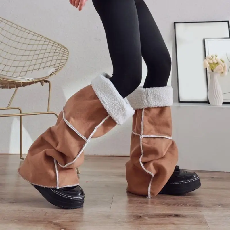 L5YC Women Faux Suedes Over Knee Leg Warmers Stockings Fleece Lined Flared Thigh High Leg Covers Footless Socks Streetwear