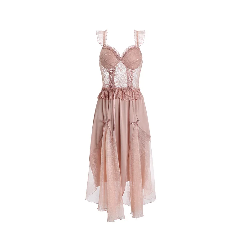 Sexy Strap Nightgown Female Lace Sleepwear Gown Intimate Lingerie Summer Women Robe Nightgown Silky Satin Home Wear Dress