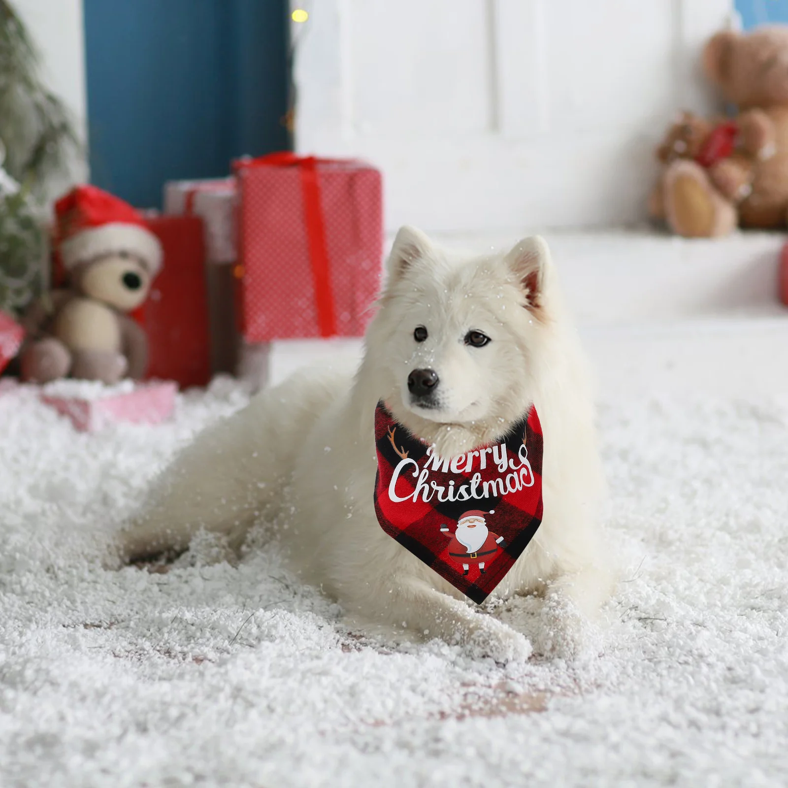 

2Pcs Pet Scarves for Christmas Plaid Dog Bibs Comfortable Holiday Outfit Xmas Pet Supplies Dog Christmas Scarves