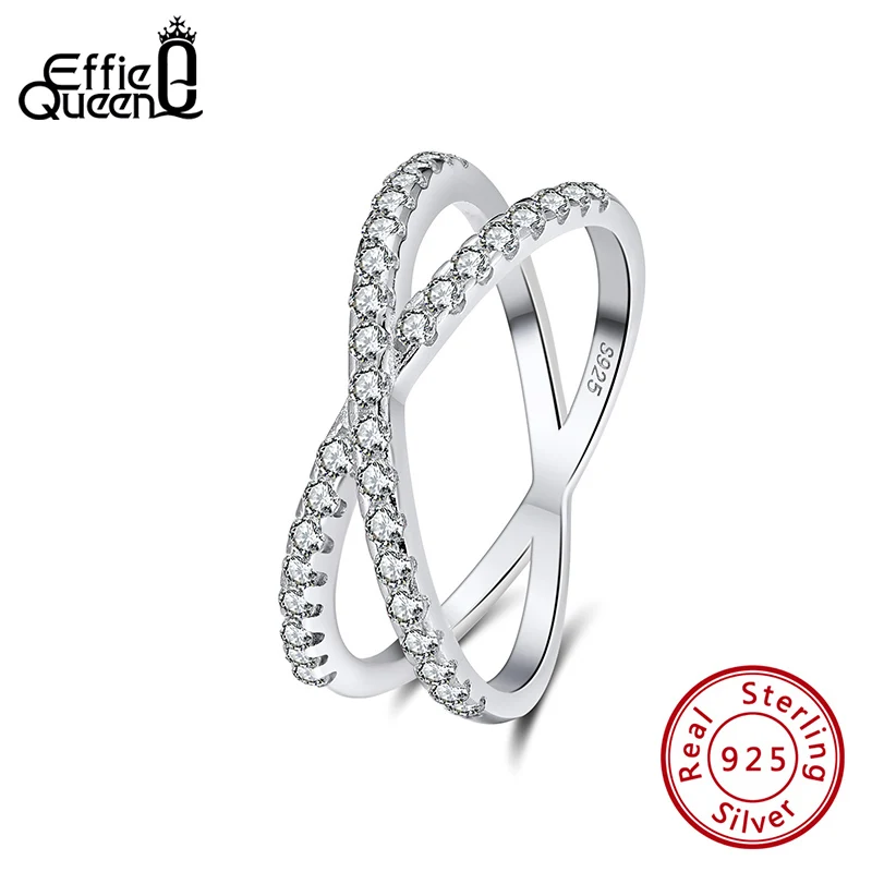 Effie Queen 925 Sterling Silver Cross Rings AAAA Zirconia X Shape Design for Women Elegant Jewelry Shiny Finger Ring Gift SR240