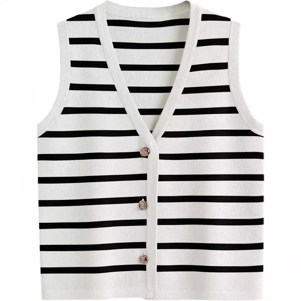 Stripe Knitted Vest Coat Women Fashion Vintage Casual V-neck Single Breasted Knitting Cardigan Vests Female Spring Autumn New