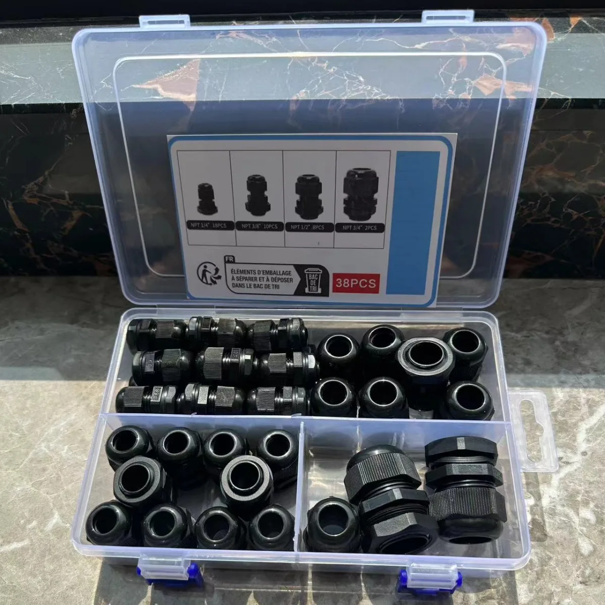 38PCS NPT Waterproof Connector 1/4 3/8 1/2 3/4 Inch Black With Gasket Assortment