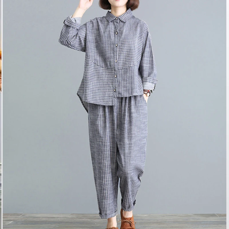 Spring Summer Ladies Suits Women Turn-down Collar Long Sleeve Button Patchwork Shirt Elastic Waist Striped Pockets Haren Pants