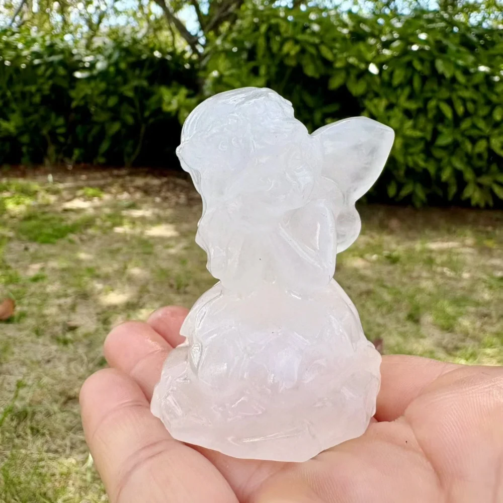 Hand Carved Opalite Fairy Figurine Natural Crystal Winged Elf Statue Mini Healing Stone Home Decor Spiritual Gift