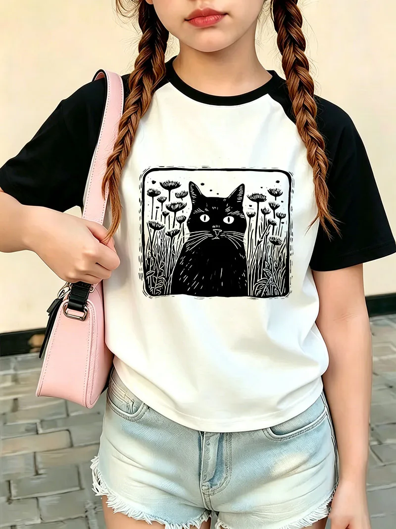 Vintage Flower Cat Summer Spring T Shirts Cat Funny Comic Kids Children's T-shirt Boys Girls Casual Short Sleeve Top Tee