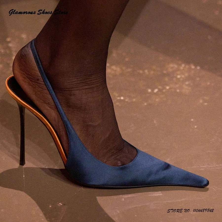 

Элегантные атласные туфли-лодочки с открытой пяткой в стиле пэчворк, женские туфли для вечеринок на тонком каблуке с острым носком, летние модные вечерние туфли без шнуровки на шпильке