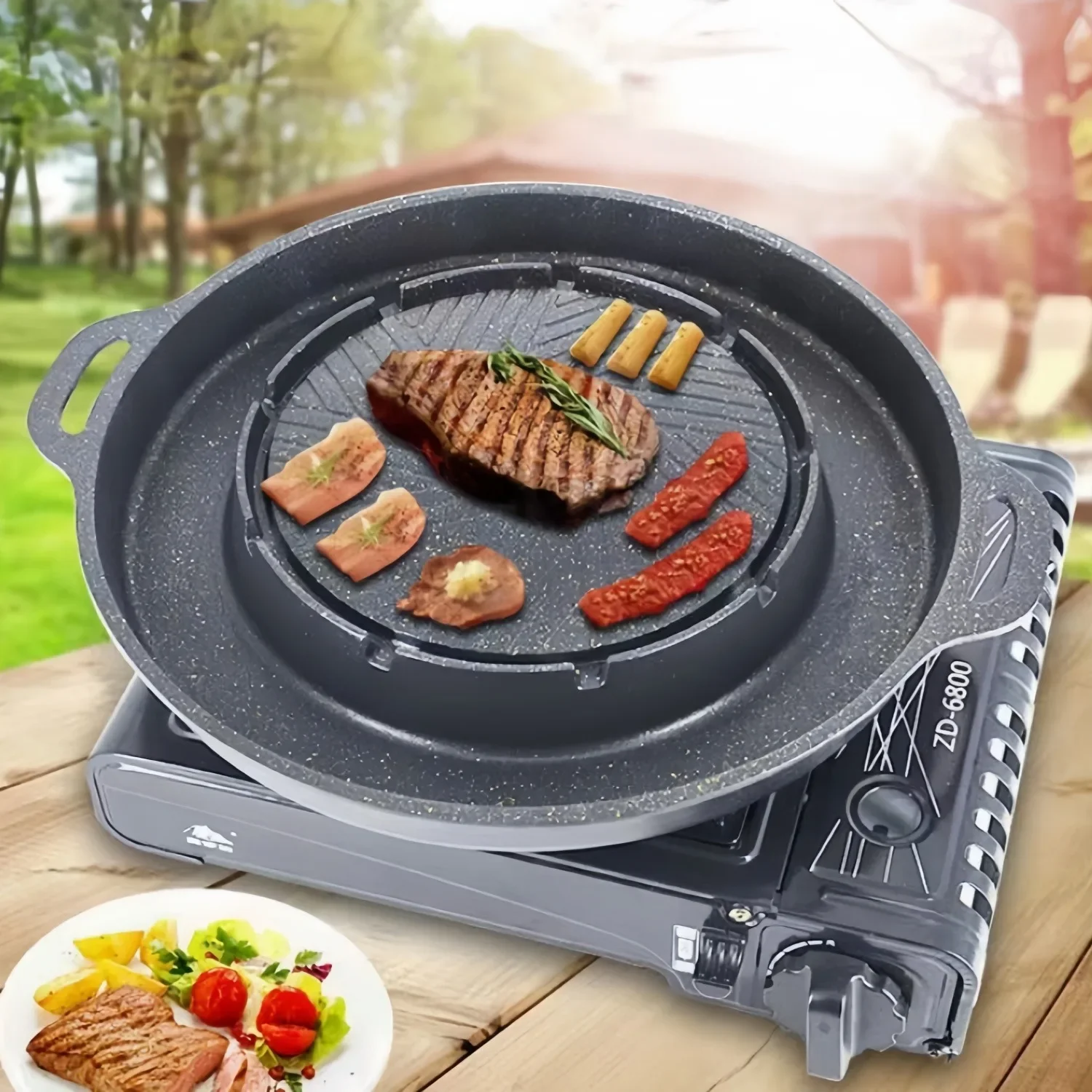 Cooker Portable Card Stove Barbecue and Boiling Integrated Pot Camping Frying Pan Korean Style Non-stick Circular Baking Tray