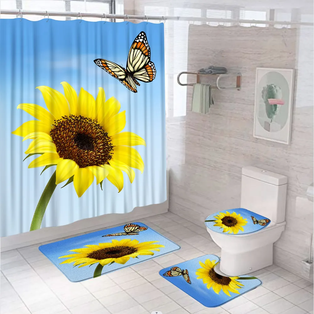 Sunflower Flower Butterfly Shower Curtain Set Autumn Blooming Floral Garden Bathroom Curtains Non-Slip Rug Bath Mat Toilet Cover