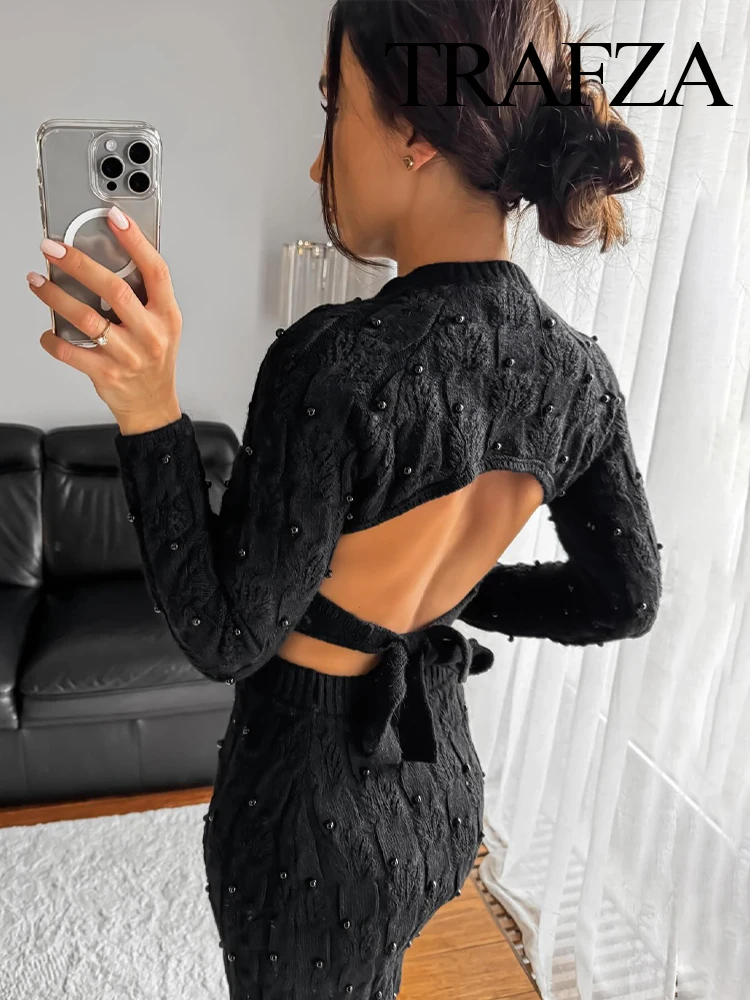 TRAFZA Women Elegant 2 Piece Set Chic Long Sleeve Knitted Sweater Lace up O-Neck Pullover Woman Vintage High Waist A-LINE Skirts