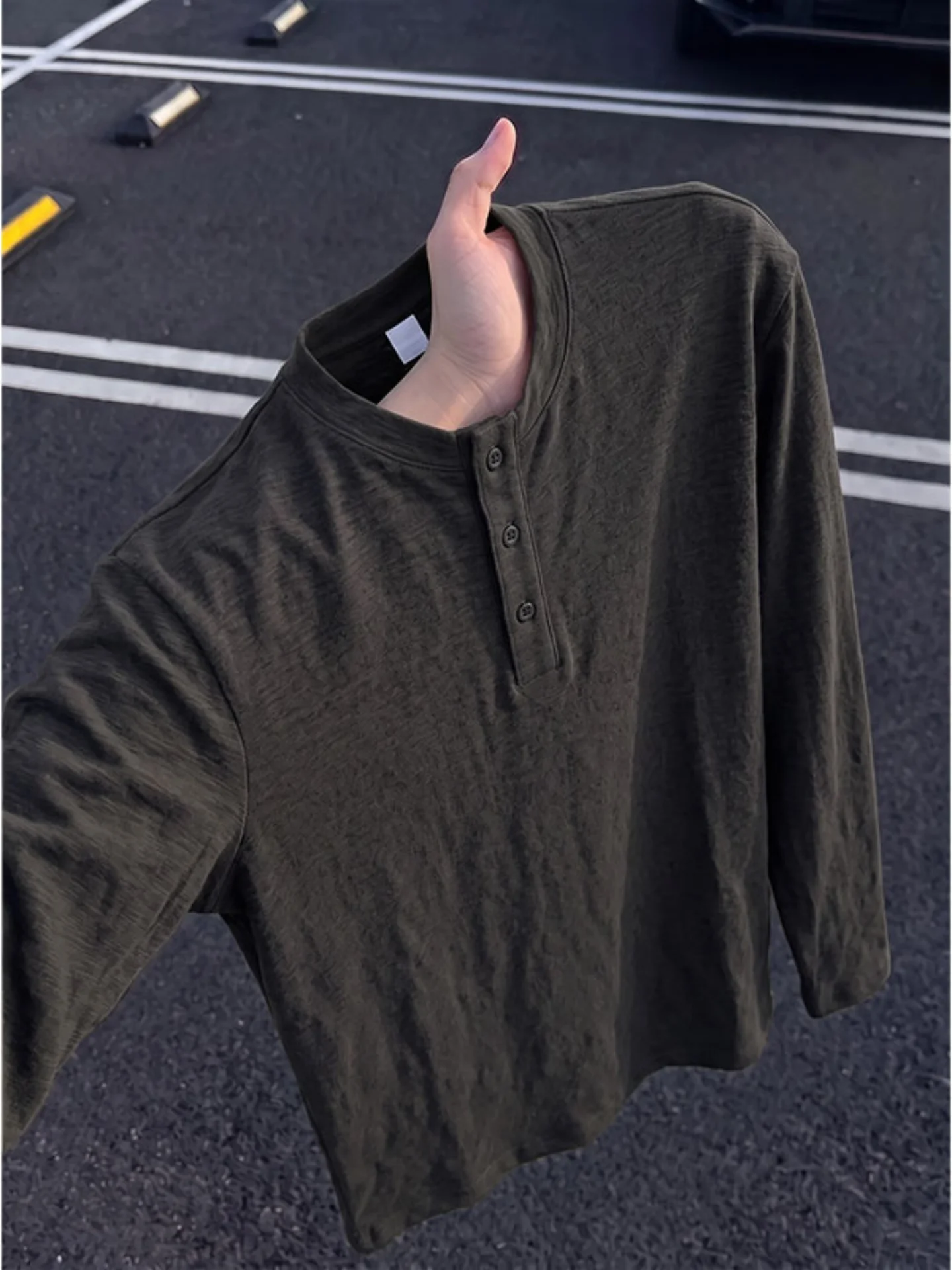 Men's Long Sleeve T-Shirt Linen Simulation Henry Collar Inner Wear Base Shirt Early Autumn Cleanfit Loose Fit Fashion Urban S...