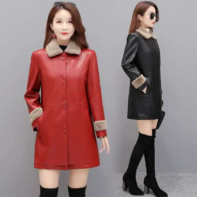New Women's Faux Leather Coat With Fur Collar Mid Length Long Sleeve Stylish Slim Fit Comfortable Trendy Versatile Commuter Coat 6