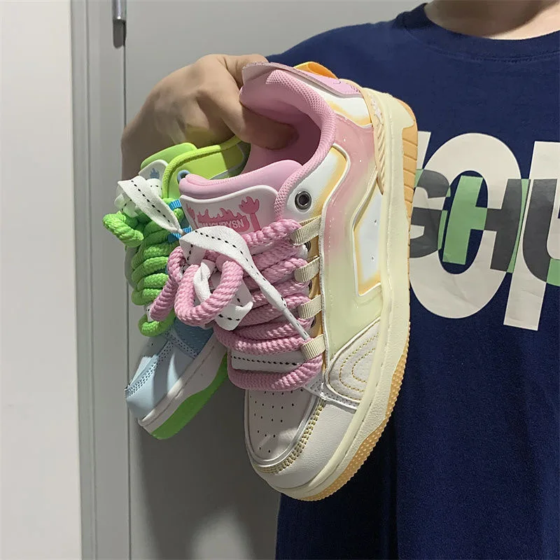 Two-tone Matching Board Shoes Students Casual Thick Sole Design Sneakers Patchwork Sports Flat Shoes Pink Green Random Color