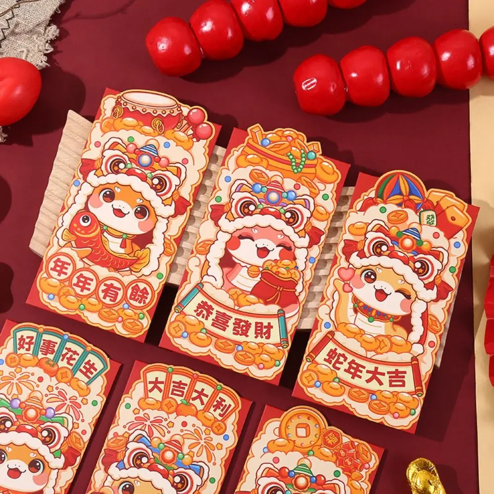 6 Stück Cartoon 2025 Schlangenjahr Rote Umschläge Traditioneller Segen Chinesisches Neujahr Rote Tasche Hongbao Gute glückliche rote Pakete