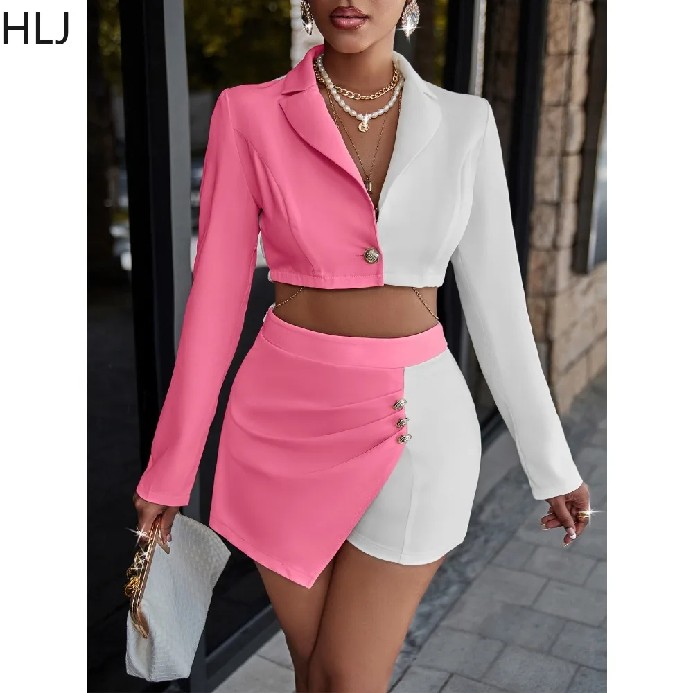 HLJ Elegant Lady Patchwork Blazer Outfits Women Turndown Collar Long Sleeve Button Crop Top + Skirts Shorts Two Piece Streetwear