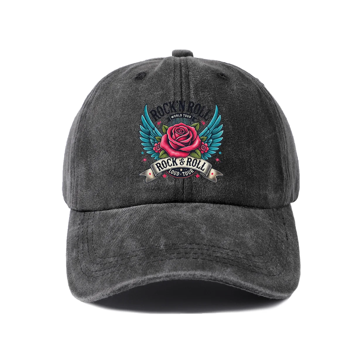 Rock and Roll Rose Wings Graphic Vintage Washed Baseball Cap, Adjustable Unisex Dad Hat for Men and Women