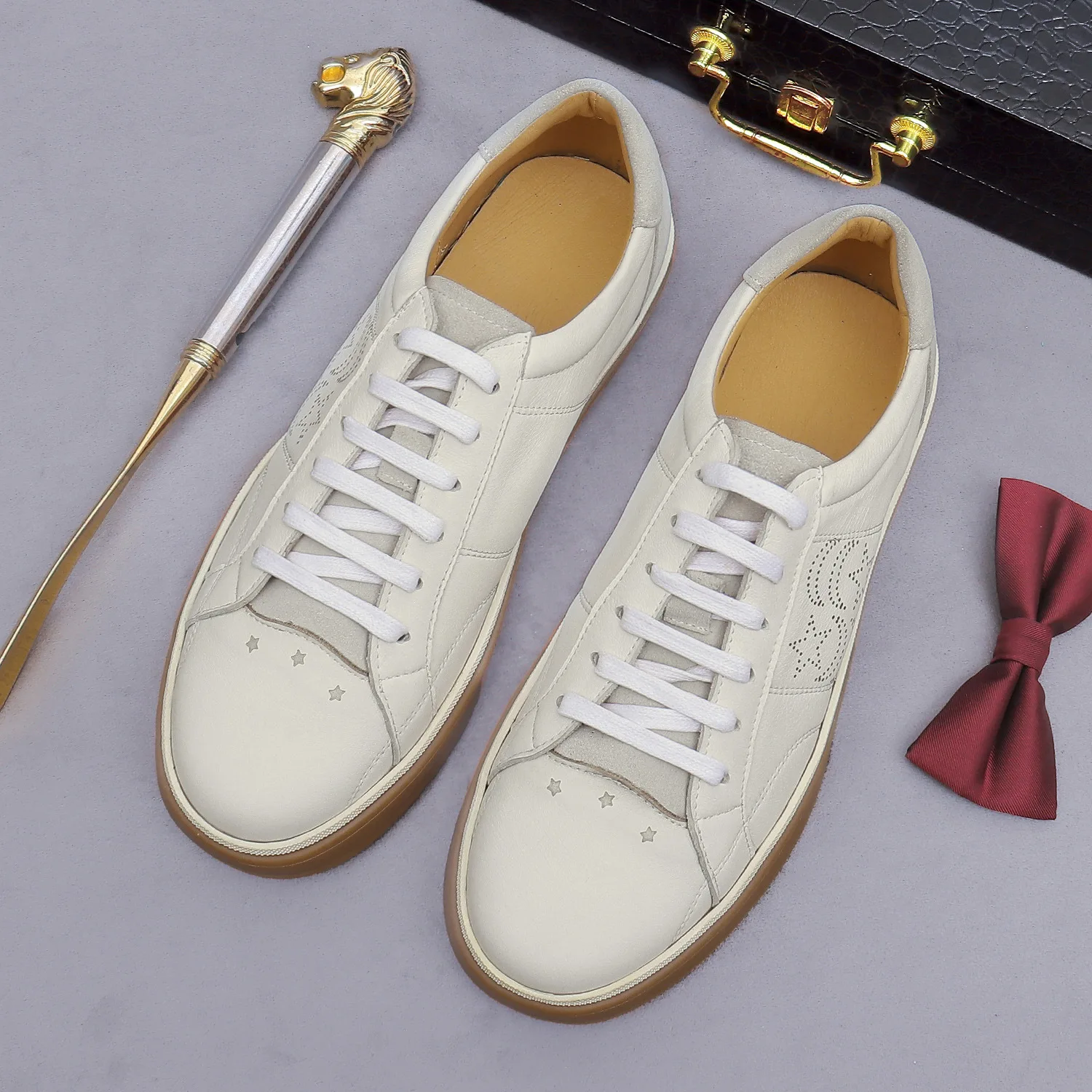 Men's Shoes Genuine Leather Lace Up Sneaker Retro Burnished Perforated Design Thick Rubber Sole Casual Daily Footwear for Men
