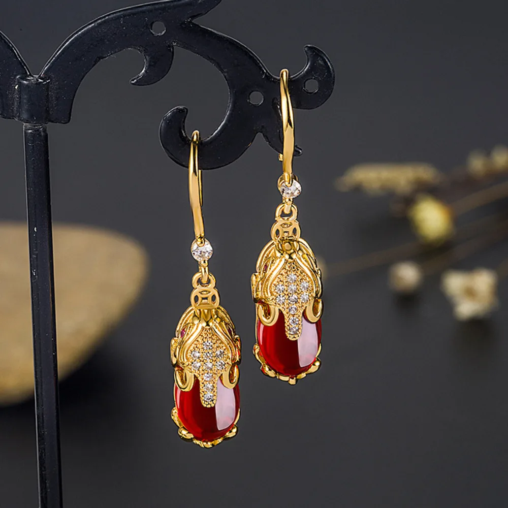 WOAIKATE Vintage Ruby Drop Earrings For Women 925 Sterling Silver With 18K Gold Plated Jewelry Elegant Hoop Earrings Party Gifts