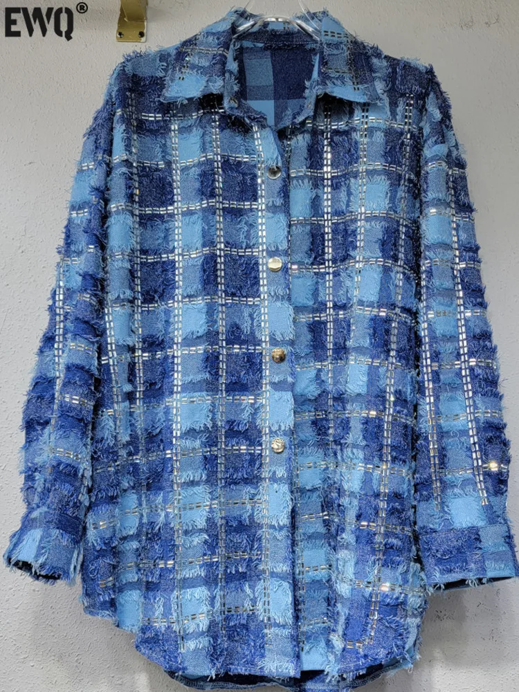 

[EWQ] Checkered Blue Plaid Shirt For Women 2024 Autumn Winter New Long Sleeve Single Breasted Loose Blusas Tassel Top 16U4672