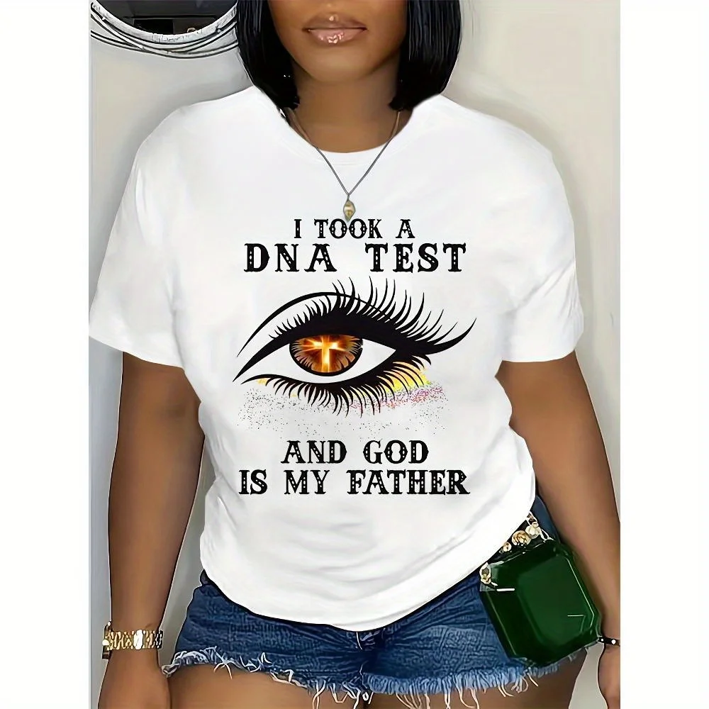 

Plus Size Eye& Letter Print T-Shirt, Casual Short Sleeve Top For Spring& Summer, Women's Plus Size Clothing