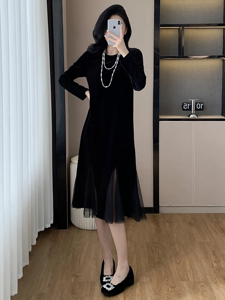 NYFS-فستان كوري نسائي ، رداء فضفاض ، مرقع شبكي ، فساتين طويلة ، مقاس كبير ، خريف ، جديد ، #4