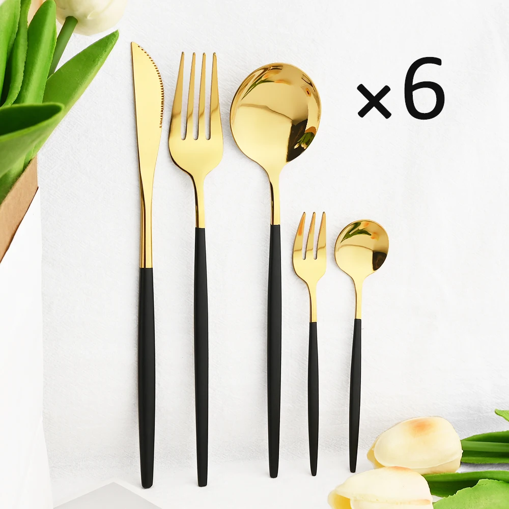 24/30Pcs Black Gold Cutlery Set Knife Cake Forks Tea Spoons Flatware Stainless Steel Tableware Dinnerware Set Kitchen Silverware