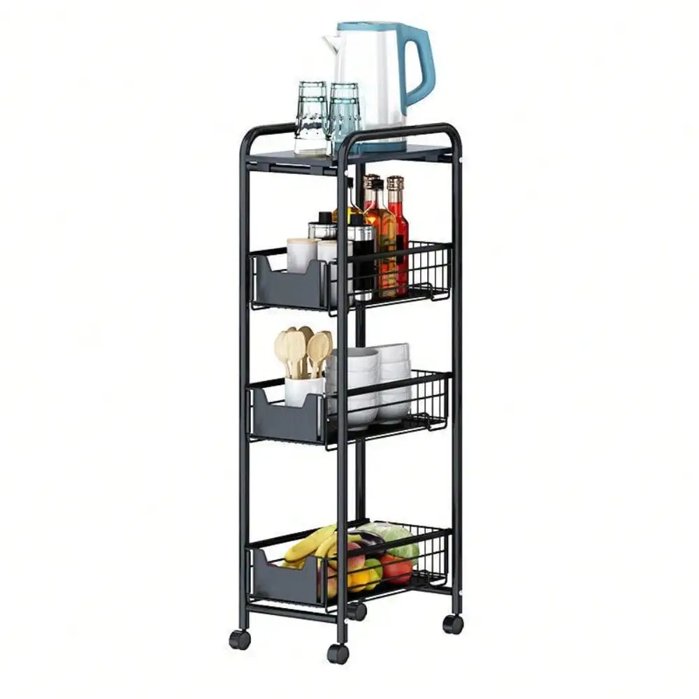 4-Tier Narrow Rolling Cart Sturdy Slim Storage Cabinet Basket Holders Black