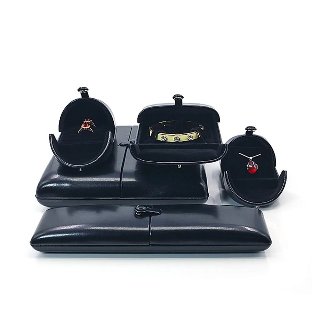 Classic Oil Wax PU Leather Jewelry Packaging Box Vintage Double Opening Black Storage Case for Ring Pendant Necklace Bracelet